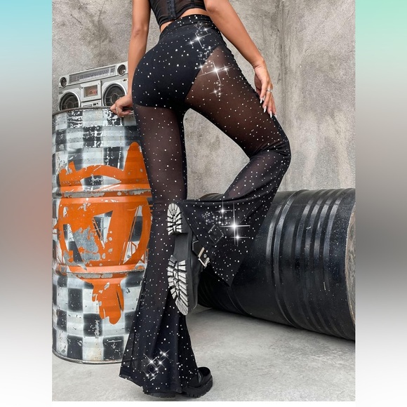 Black Mesh Glitter Bell Bottom Pants - Picture 4 of 7
